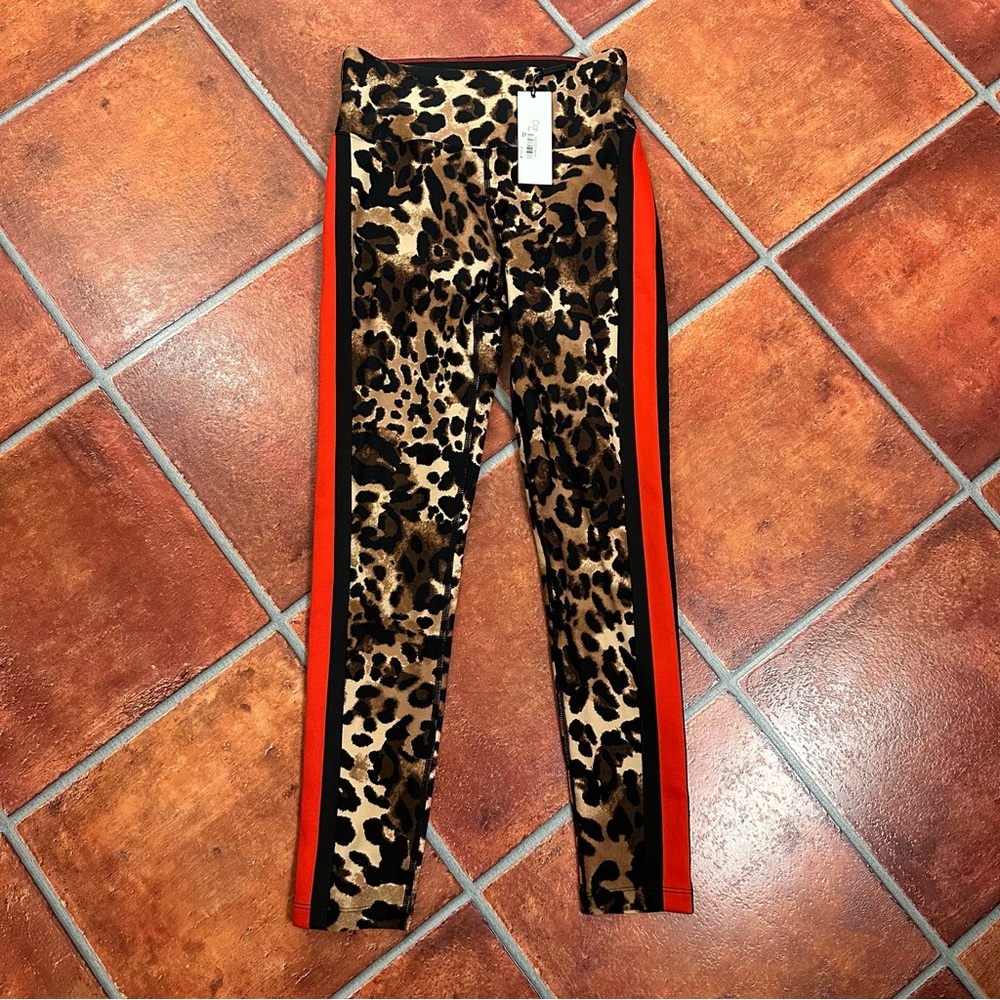 NWT Calvin Klein Performance Leopard Print Leggings with Red Stripe